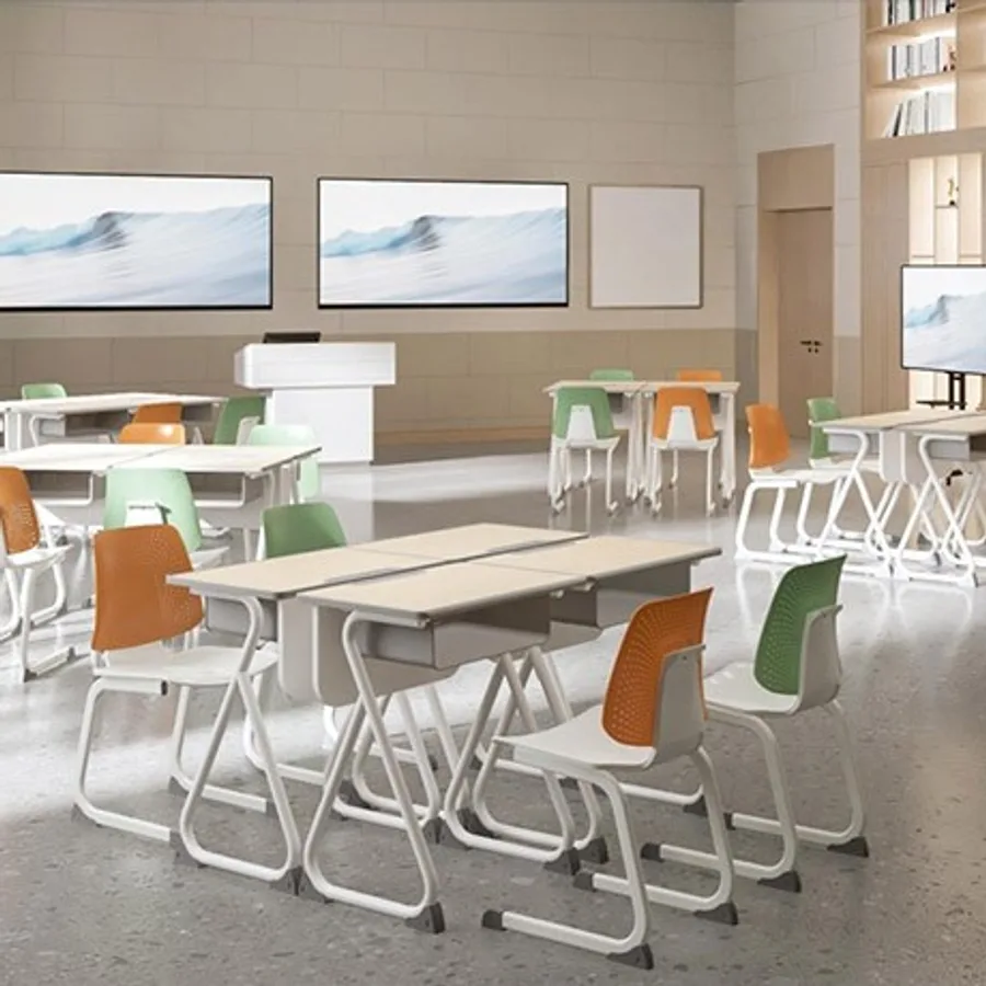 School desk and chair set in a classroom