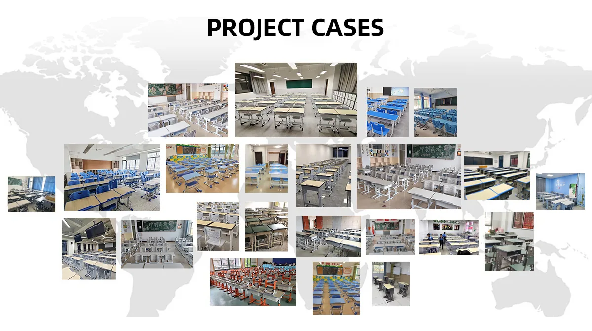 Project cases — classroom installation photographs arranged over a world map from our Alibaba storefront